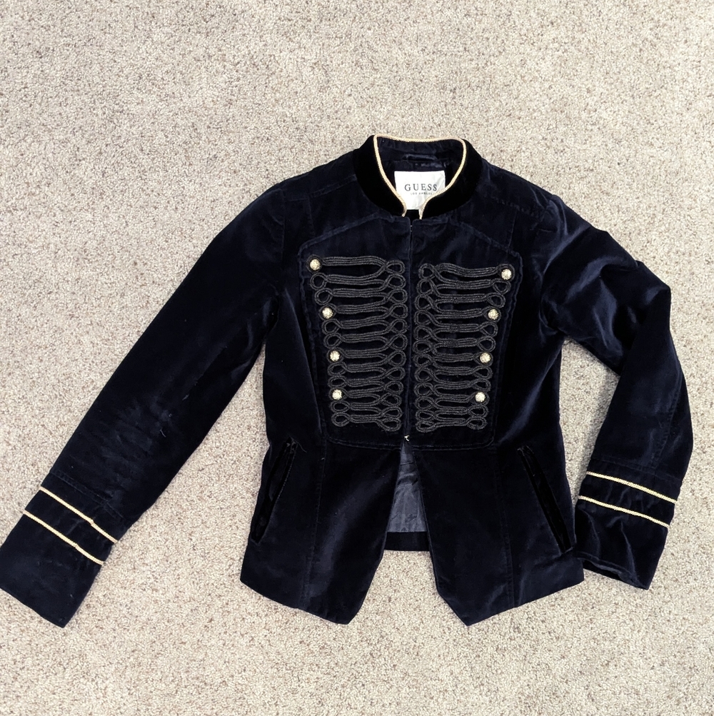 Guess Navy + Black Velvet Military Blazer